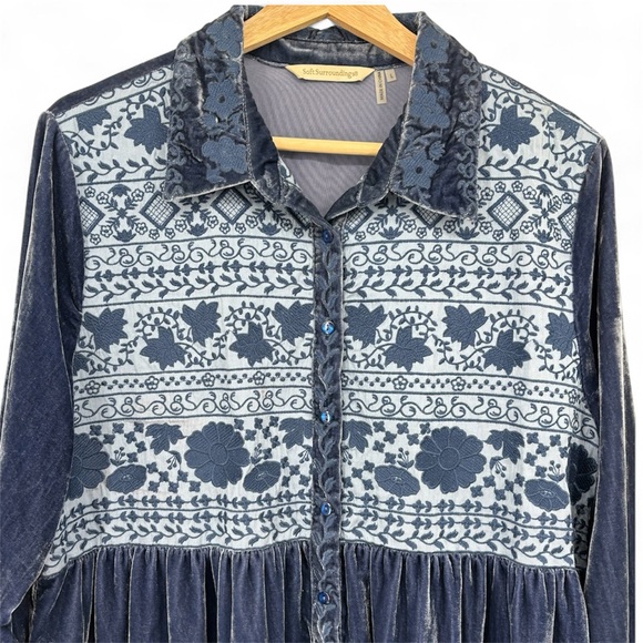 Soft surroundings Blue navy  Velvet floral Long Sleeve tunic top large - Picture 2 of 8